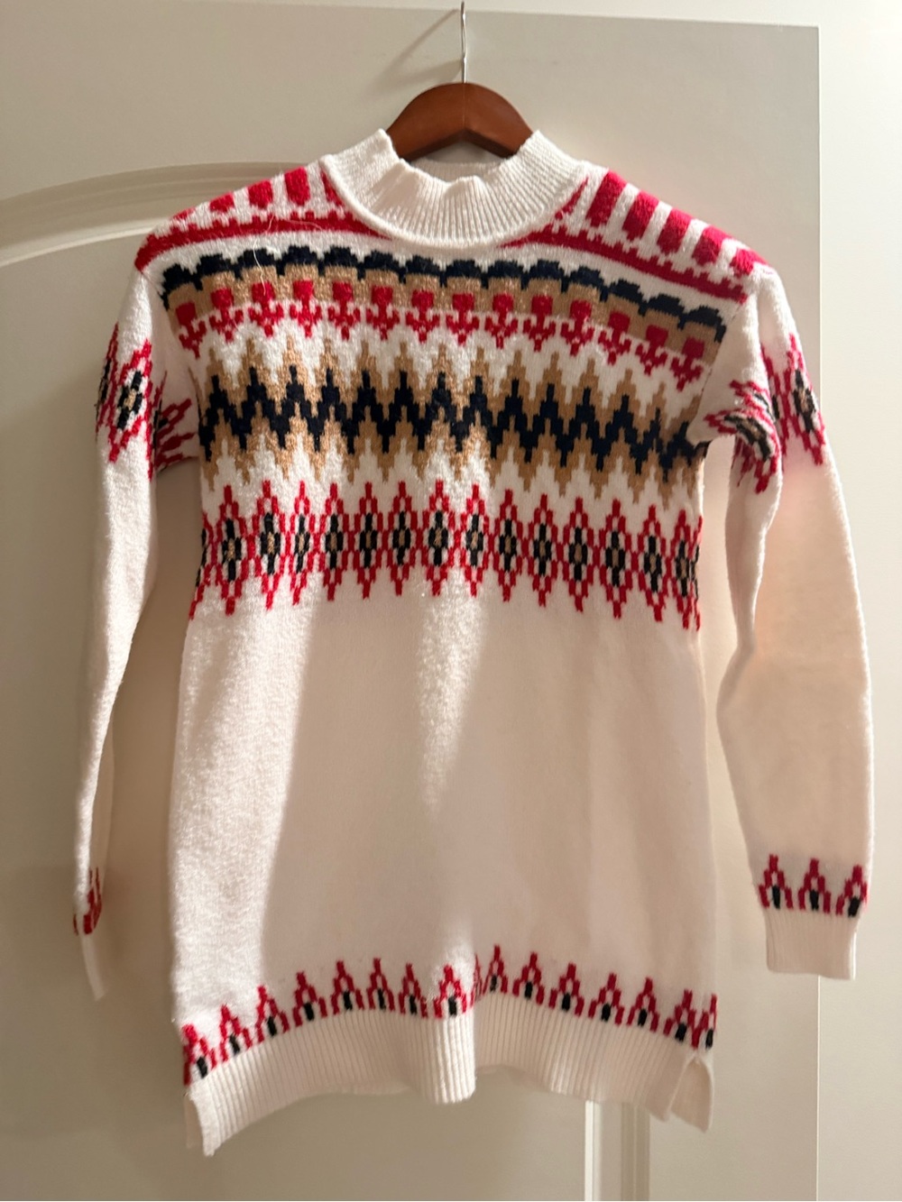 LOFT Cream Fair Isle Crewneck Sweater with Red, Navy & Tan Accents